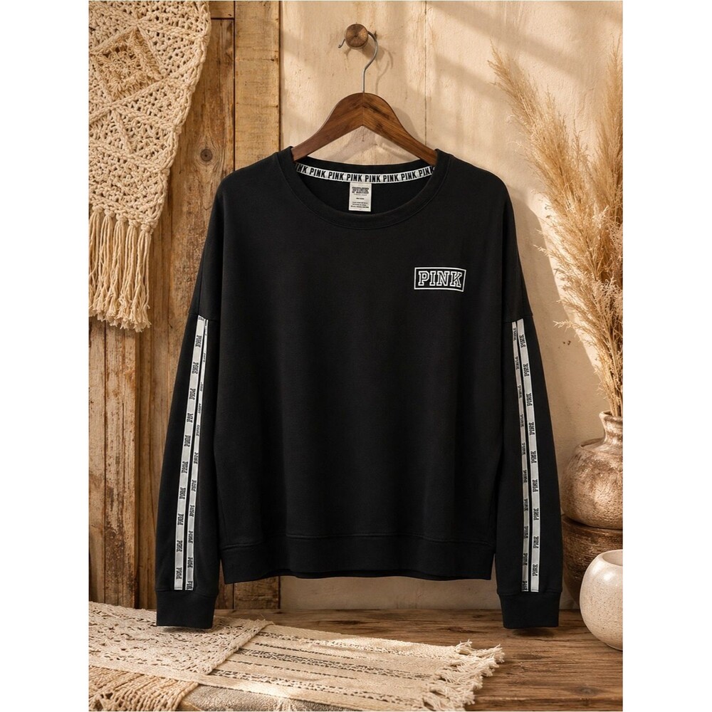 PINK Victoria‎ Secret Black Logo Crewneck Sweatshirt Long Sleeve Size Medium